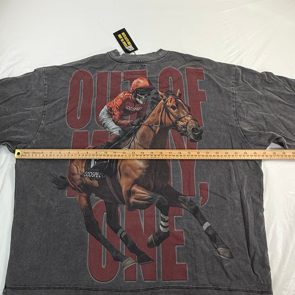 Godspeed Skeleton Horse Racing Graphic T-Shirt Charcoal Grey Mineral Wash New - Picture 3 of 14